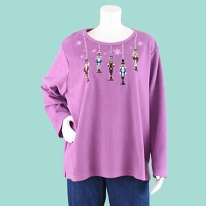 Purple Fleece Shirt with Embroidered Christmas Nutcrackers Women's Plus Size 2X